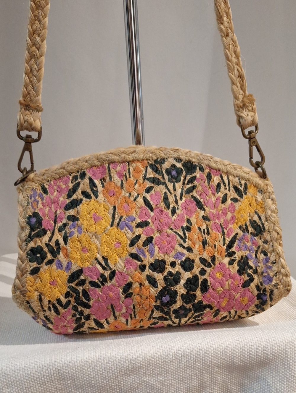 Joy Susan Handwoven Floral Jute FibeStraw Crossbody Bag in Yellow, Pink & Purple